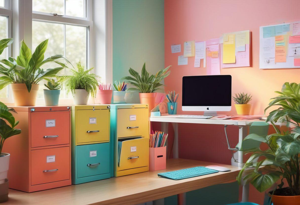 A vibrant and cheerful workspace featuring a colorful filing cabinet overflowing with neatly organized, brightly colored file folders. Sunlight streams through a window illuminating a desk filled with joyful stationery, cheerful plants, and a laptop displaying digital data management icons. Whimsical elements like smiley faces and lightbulbs represent joy and inspiration in data preservation. The background is a gradient of uplifting pastel colors. vector art. vibrant colors.