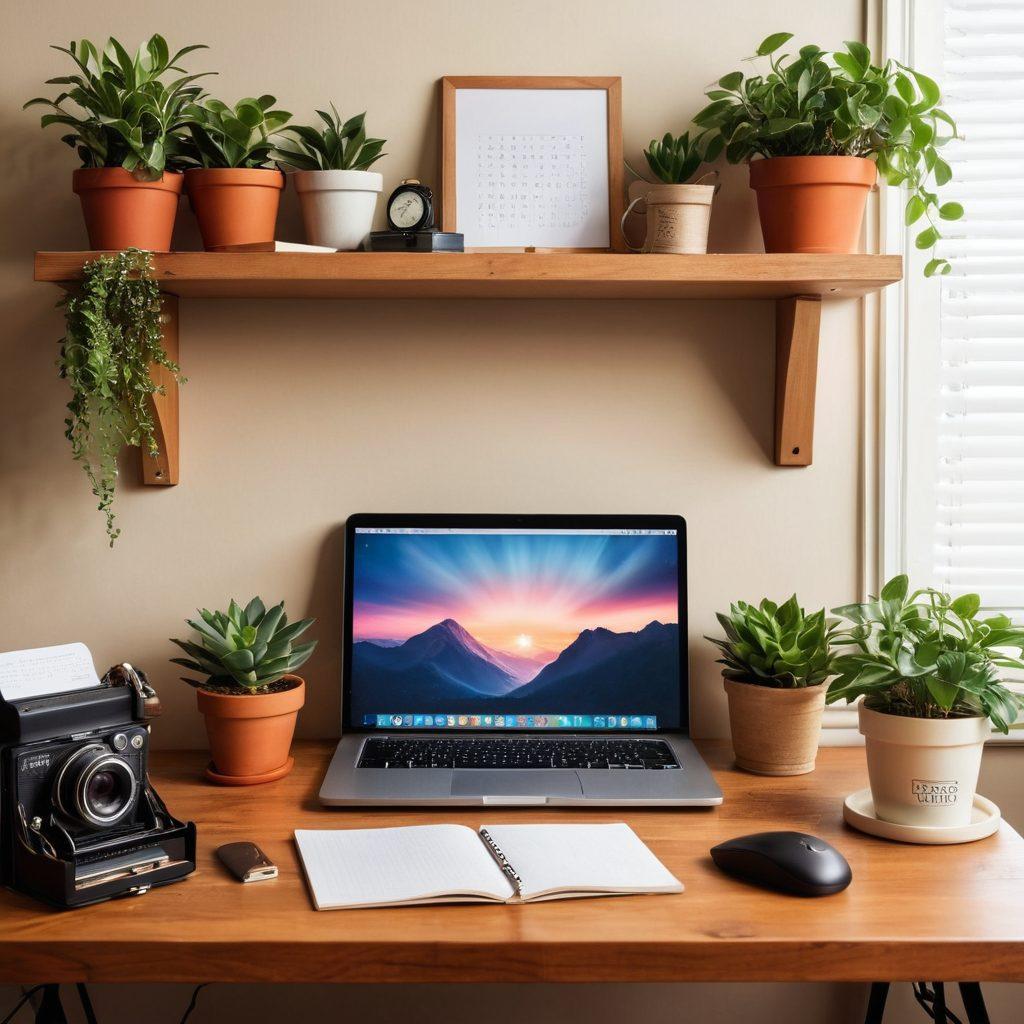 A serene digital workspace featuring a cozy desk with a warm laptop displaying a well-organized folder system. Surround the desk with plants and motivational quotes on the wall, symbolizing joy and security in file preservation. Include elements like a cloud storage icon, a vintage camera, and a notebook, representing creativity and organization. Soft, warm lighting to create a comforting atmosphere. modern illustration. vibrant colors.